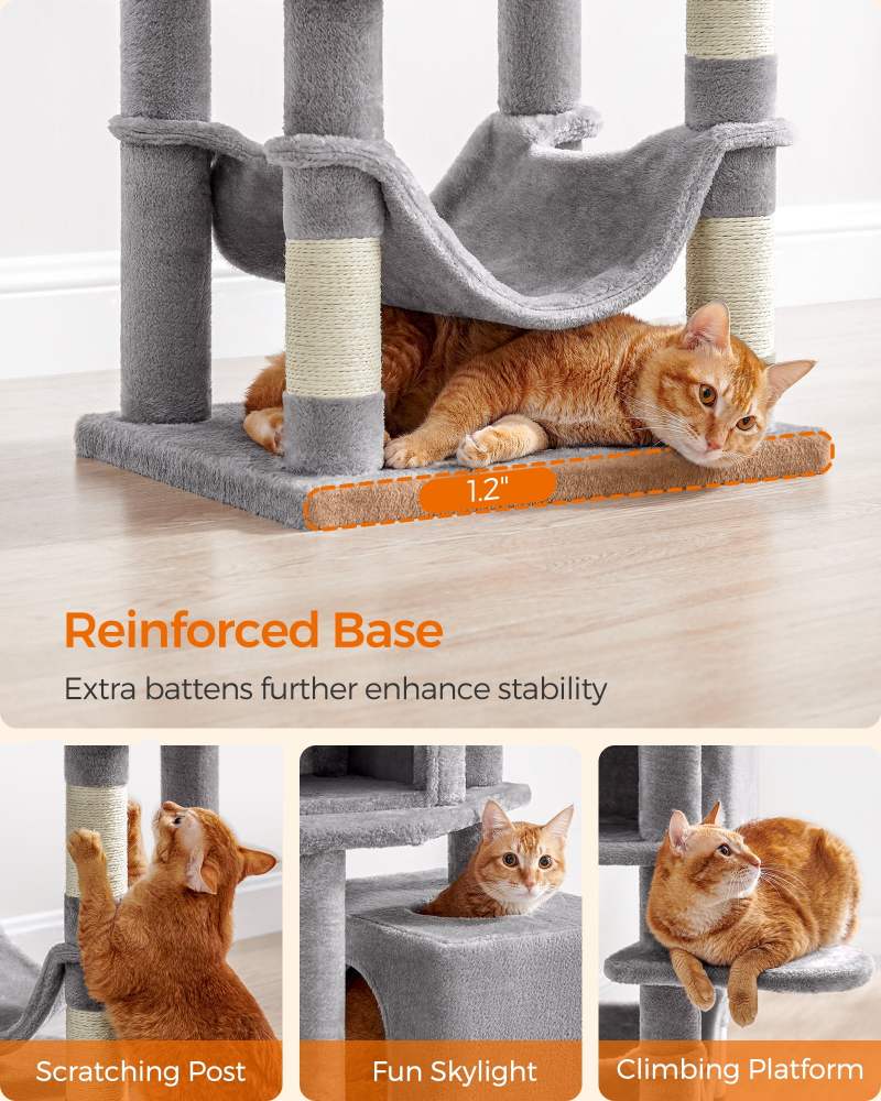 61"H Cat Tree Cat Tower for Indoor Cats, Plush Multi-Level Cat Condo with Scratching Posts, Perches, Caves, Hammock, Light Gray - Image 2