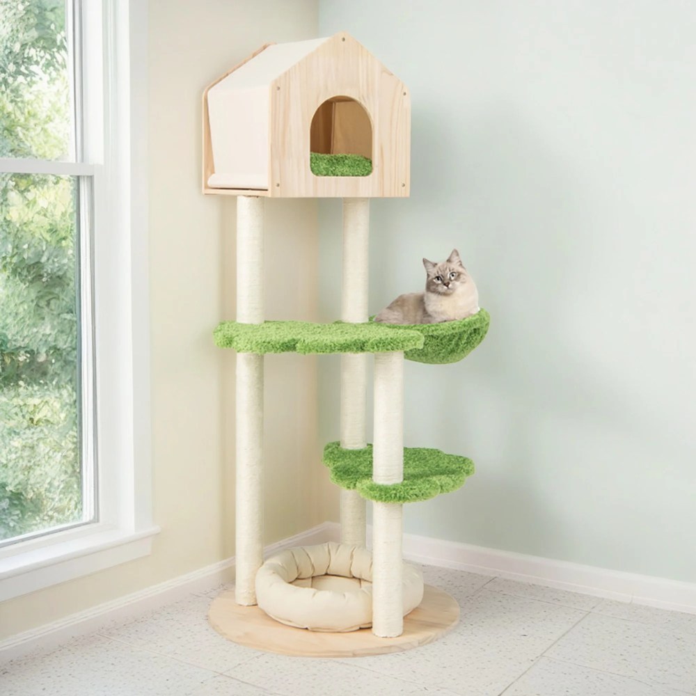 Pefilos 55" Cat Tree Condo for Multiple Cats Furniture Cat Tree House for Outdoor Cat Tower for Indoor Cats Large Pet Club, Beige - Image 4