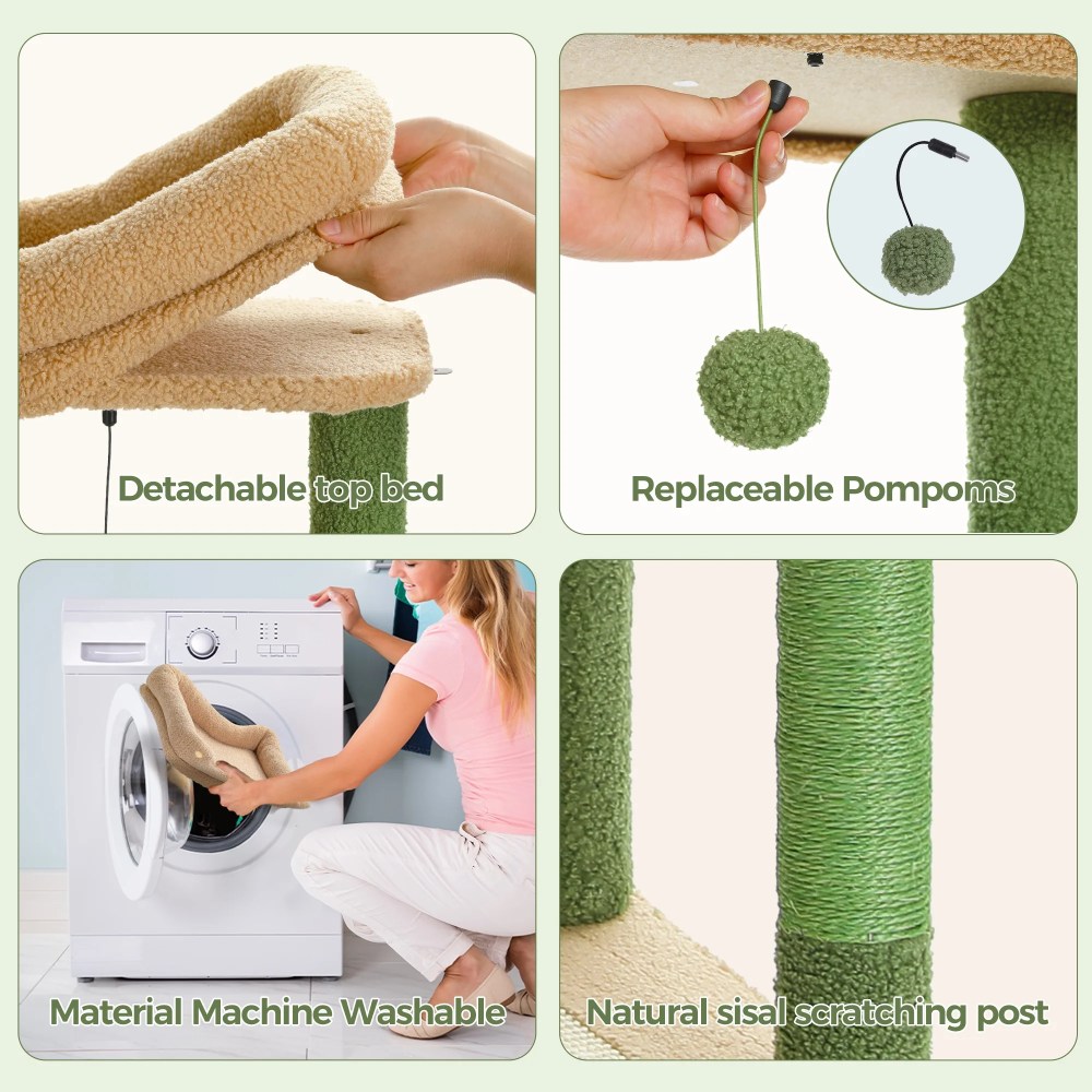 PAWZ Road 59" Cactus Cat Tree Tower with sisal Scratching Post & Large Perch for Indoor Cat Green - Image 2