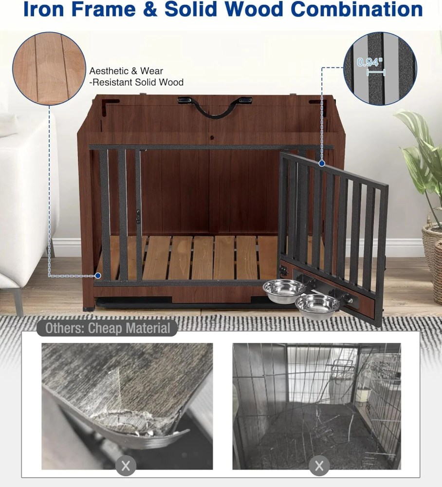 Aivituvin Dog Crate Furniture, Foldable Wooden Dog Kennel Furniture with 360'Rotating Feeding Bowls, Iron Frame Dog Crate with Deepened Sliding Tray , 39.4" L Brown - Image 3