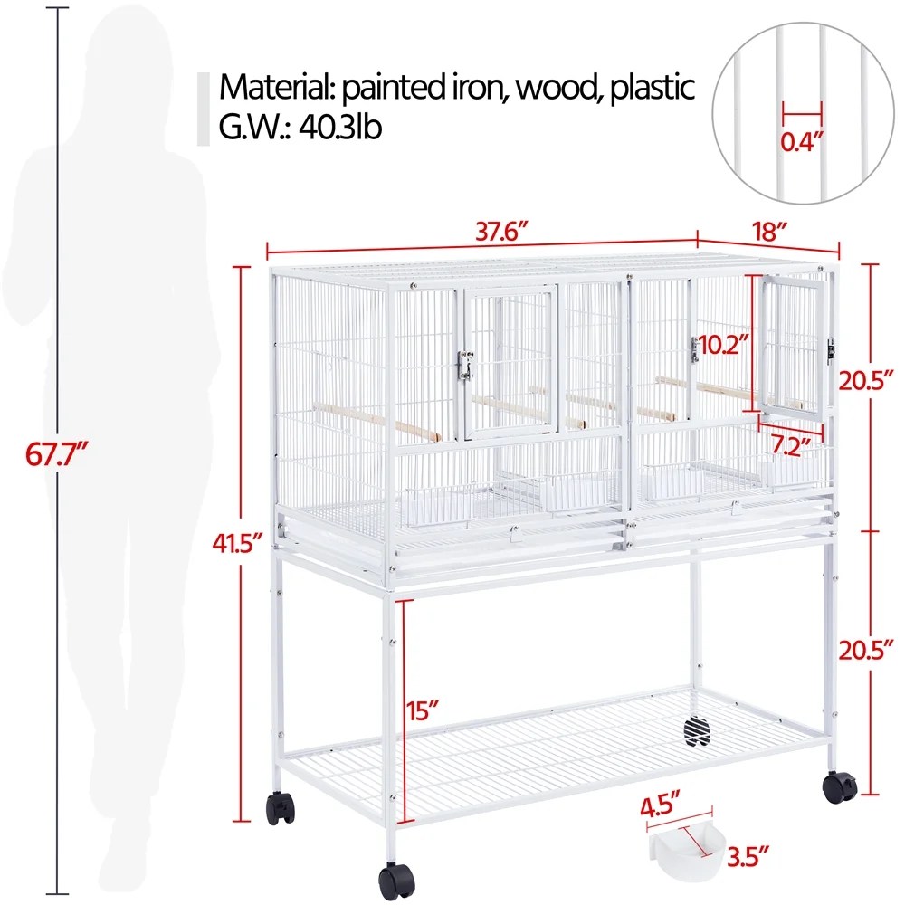 Alden Design Stackable Wide Divided Metal Bird Breeder Cage with Rolling Stand, White - Image 6