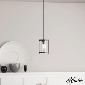 Hunter - Astwood 1-light Matte Black, Mini Pendant Light, Dimmable, Caged Style, Cylinder Shaped, for Bedrooms, Dining, Living Rooms - 19005