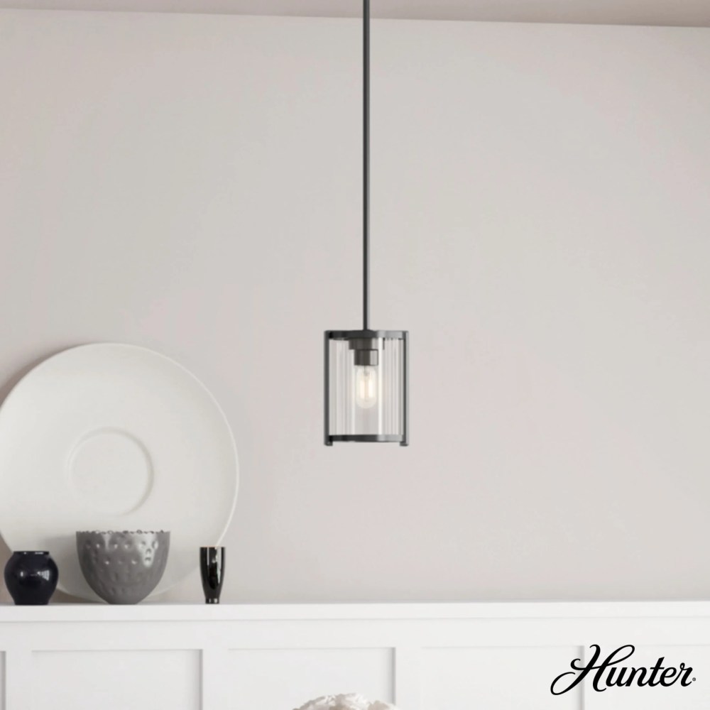 Hunter - Astwood 1-light Matte Black, Mini Pendant Light, Dimmable, Caged Style, Cylinder Shaped, for Bedrooms, Dining, Living Rooms - 19005