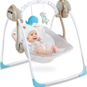 Yadala Baby Swing, Foldable Baby Swing for Infants with Adaptable Speeds, Music, 0-9 Months, Khaki