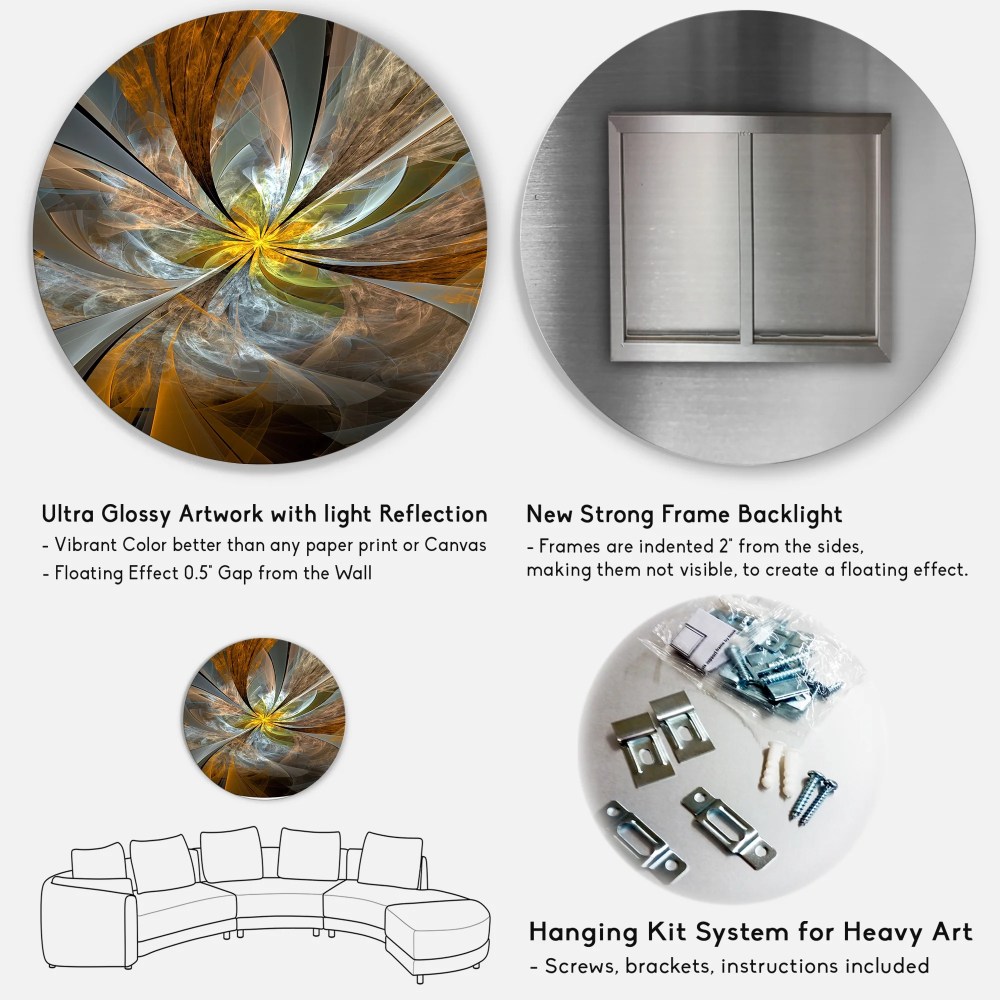 Designart 'Symmetrical Yellow Fractal Flower' Disc Large Contemporary Circle Metal Wall Arts - Image 2