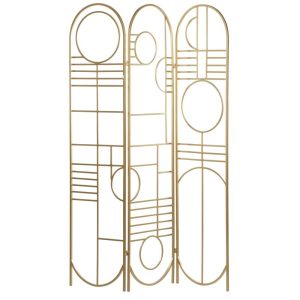 DecMode Modern 3 Panel Metal Room Divider Screen with Geometric Pattern and Gold Finish,  50"W x 69"H
