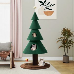 Uforic 60" Christmas Cat Tree, 2-Tier Cat Condos, Large Cat Tower with the flower shaped cat teasing stick , Green