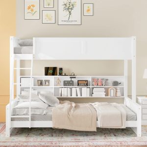 Euroco Twin XL over Queen Bunk Bed with Functional Cabinet and USB Charging Station for Kids Teens, White