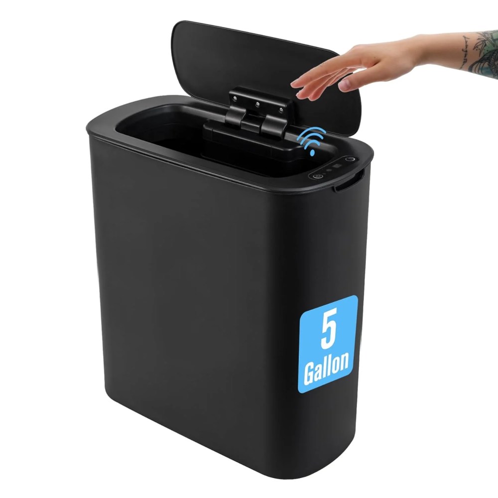 5 Gallon Automatic Bathroom Trash Can,Touchless Motion Sensor Garbage Can with Lid,Smart Plastic Slim Wastebasket for Bathroom,Office,rv,Bedroom,Living Room,Black