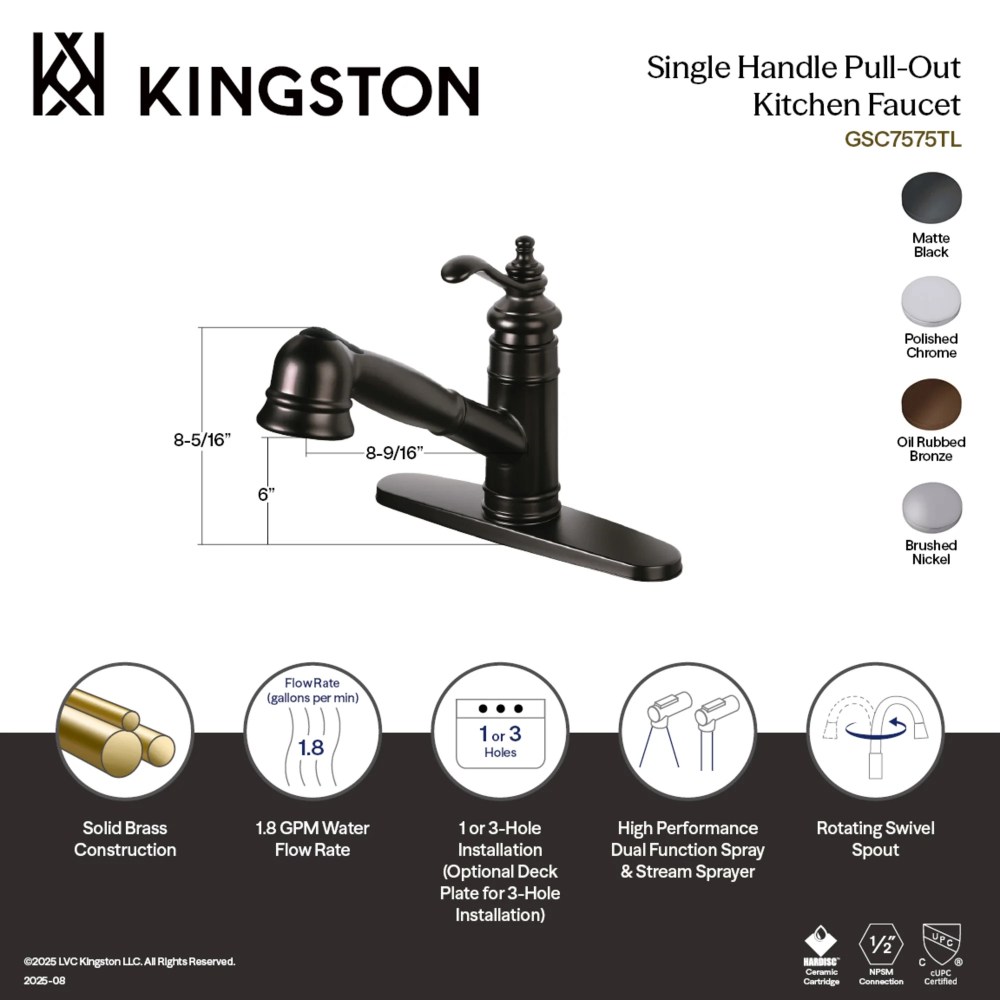 Kingston Brass GSC7571TL Single-Handle 1-or-3 Hole Deck Mount Pull-Out Sprayer Kitchen Faucet in Polished Chrome - Image 5