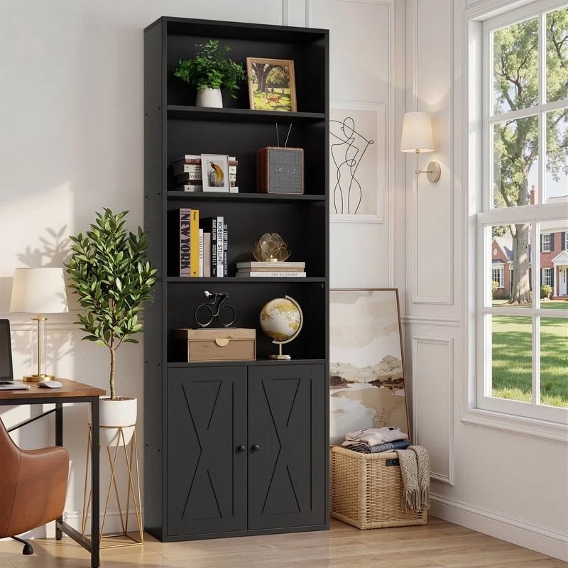 Walsunny Bookcase with Doors,6-Tier Bookshelf with Storage,Farmhouse Bookshelves with Cabinet,Storage Display Shelf for Living Room Home Office,Black