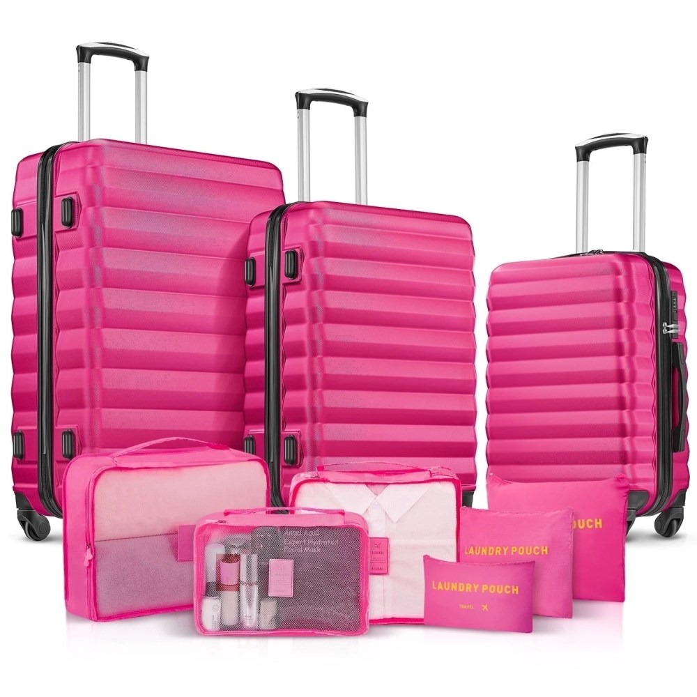 9 Piece Luggage Sets,Hard 20 24 28 inch Luggage with 6 Pieces Organize Bags Travel Suitcases Sets with Wheels,Rose