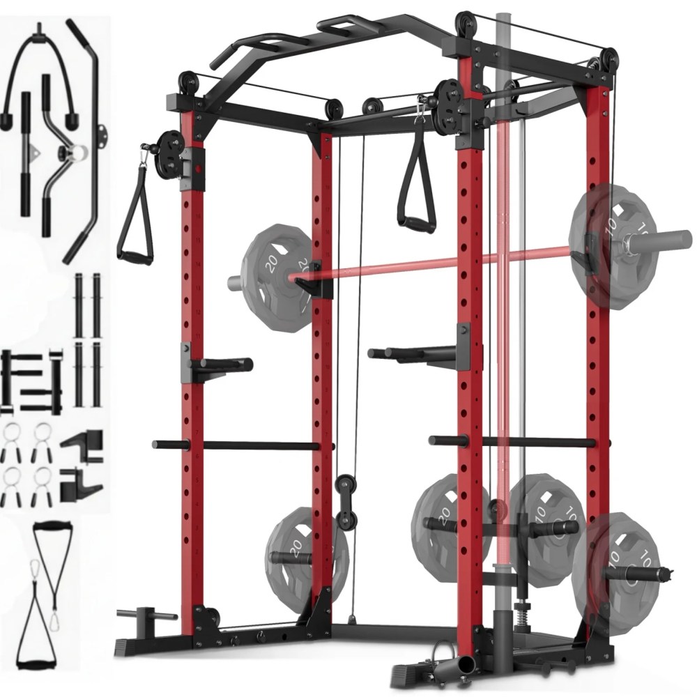 JoanKaren Power Rack Cage, 1600lbs Multi-Functional Power Racks for Home Gym with Cable System and More Training Attachment