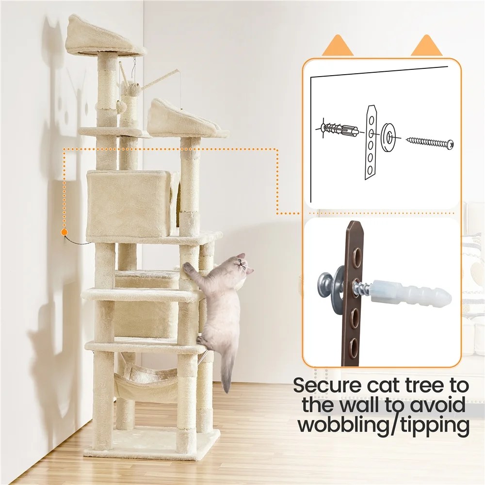 Alden Design 67" H Large Multi-Level Cat Tree with 2 Cat Condos for Indoor Cats, Beige - Image 7