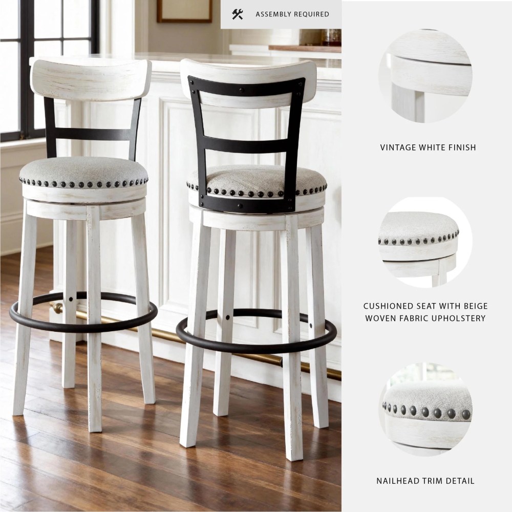 Signature Design by Ashley Valebeck Swivel Bar Stool, White, Upholstered Pub Height Chair with Linen Fabric Seat and 360-Degree Swivel - Image 6