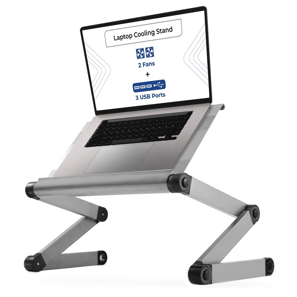 Adjustable Laptop Cooling Stand with Dual Fans & USB Ports-WorkEZ Executive Foldable Aluminum Laptop Desk for Bed, Couch & Office, Ergonomic Riser for Laptops up to 17"