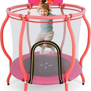 OLAKIDS 48" Trampoline for Kids,  Outdoor Indoor Toddler Trampoline with Safety Enclosure Net Basketball Hoop Anti-Slip Foot Pads Zippered Door,  Baby Recreational Trampolines Gift for Backyard