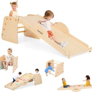 OLAKIDS 7 in 1 Climbing Toys for Toddlers,  Upgrade Wooden Montessori Cube Climber Set with Reversible Ramp Slide Ladder Seesaw,  Indoor Pikler Climb Activity Jungle Gym Present for Kids Age 3