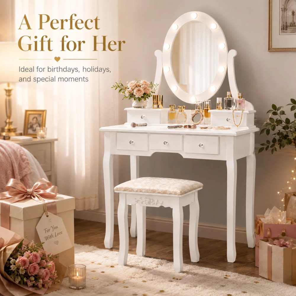 Ktaxon Vanity Table 10 LED Lights,5 Drawers Makeup Dressing Desk with Cushioned Stool Set, Bedroom Vanities Set White - Image 9