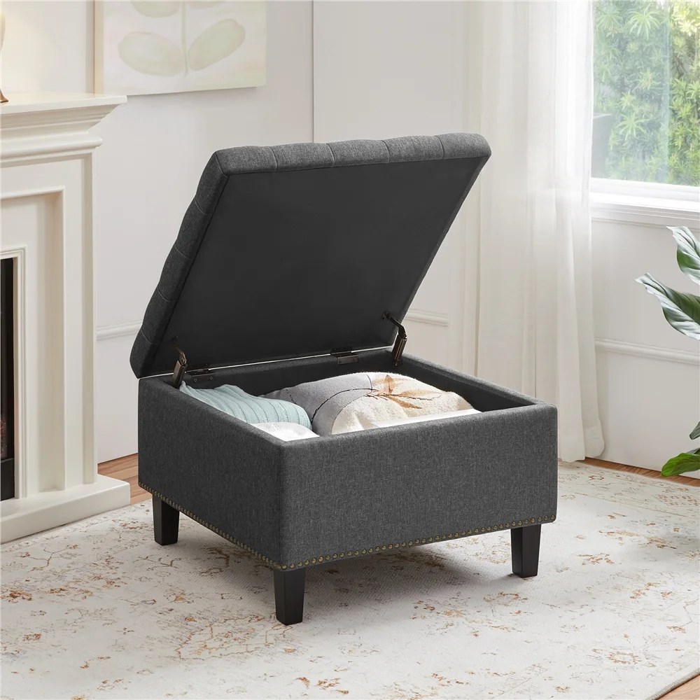 Alden Design Modern Linen-like Storage Ottoman Bench with Button-Tufted for Entryway,Dark Gray - Image 3