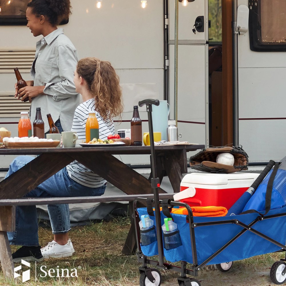 Seina 150lb Capacity Collapsible Steel Outdoor Utility Wagon Cart, Blue - Image 5