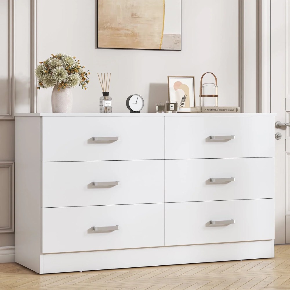 Winkalon 6 Drawer White Double Dresser,Wood Storage Cabinet with Easy Pull Out Handles for Living Room, Chest of Drawers for Bedroom