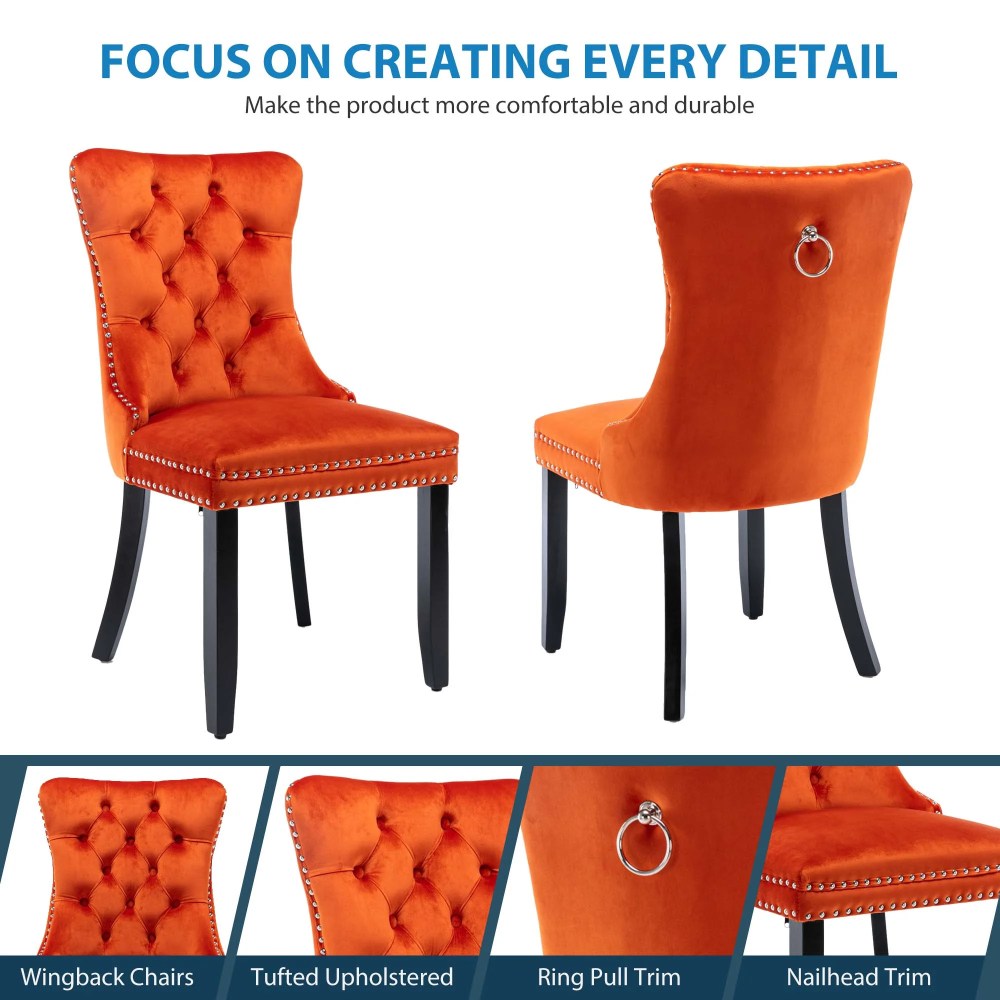 Aukfa High-End Upholstered Dining Chairs Set of 2, Modern Tufted Solid Wood Side Chair with Nailhead Trim - Orange - Image 7