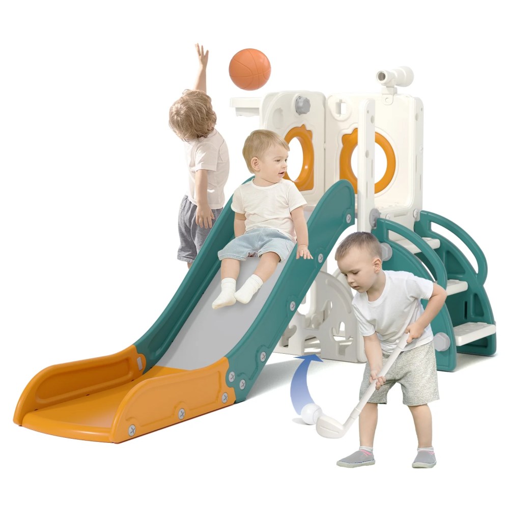 YUFU 7 In 1 Toddler Slide for Kids Age 1-3 Indoor Outdoor Playground Slide Set With Golf Basketball Easy Assemable Move (Yellow & Green)