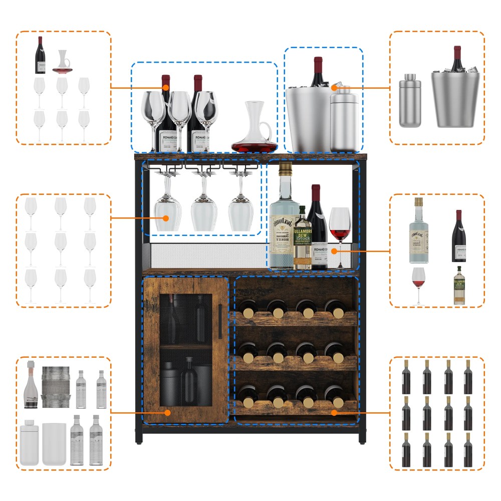 Wine Cabinet Bar Cabinet with Removable Wine Rack,Wine Cabinet and Wine Glass Bar Cabinet with Glass Rack and Mesh Door,Wine Cabinet with Reasonable Functional Partitioning - Image 4