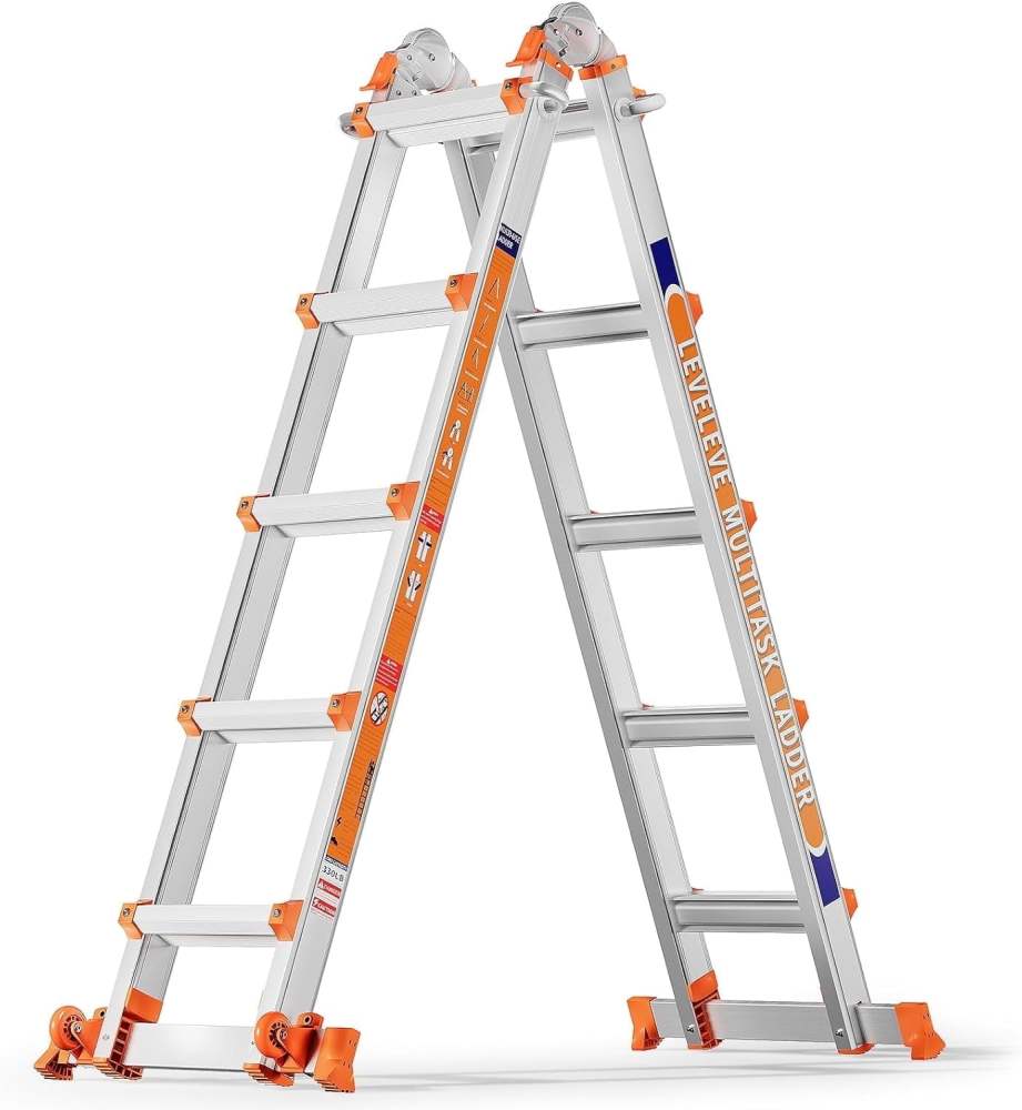 Jane Stone 17FT Extension Ladders with Multi Position, A Frame 5 Step Ladder with Stabilizer Bar & Wheels, 330 lbs Security Load Folding Ladder for Stairs Home Indoor Outdoor Roof
