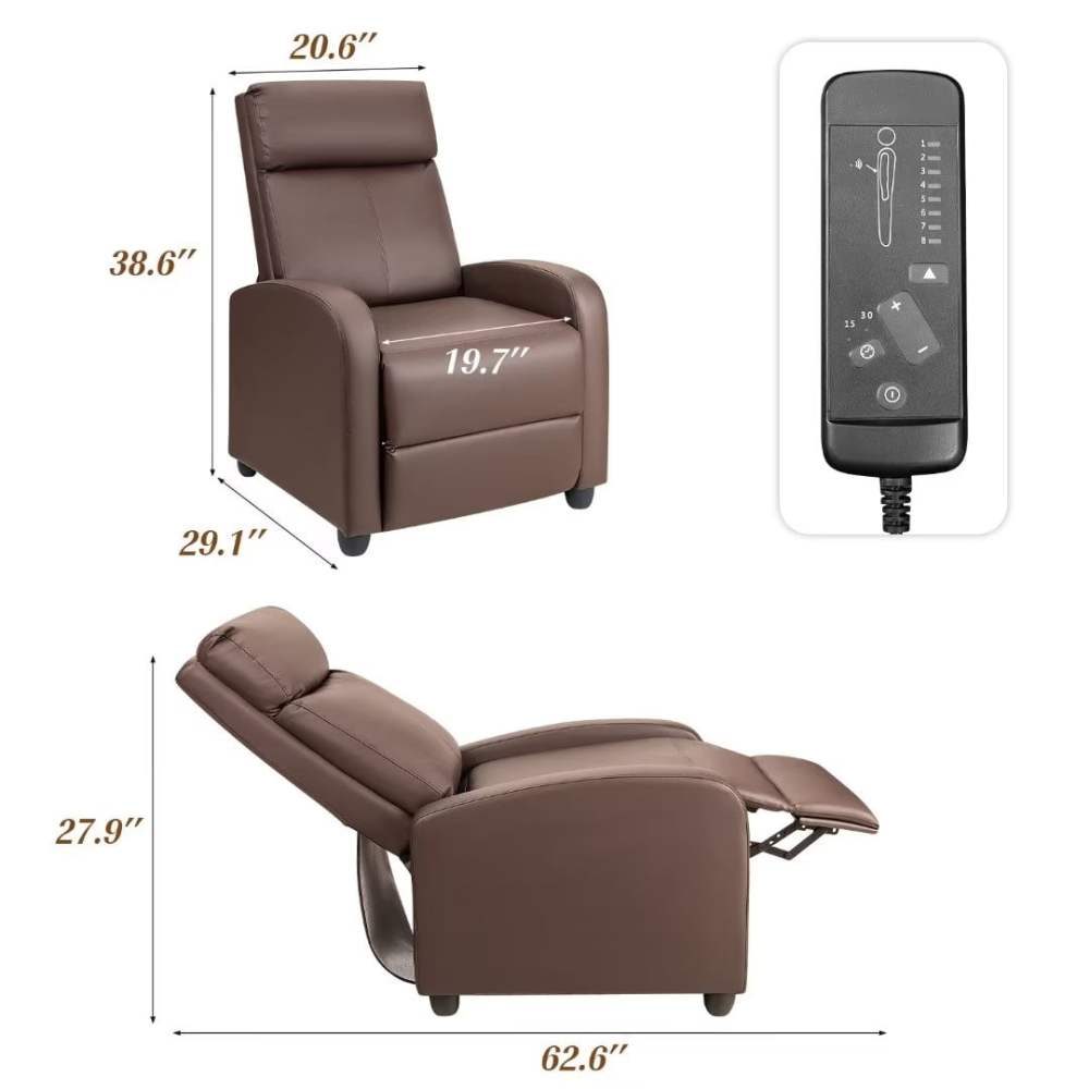 Vineego Massage Sofa Chair, Adjustable Recliner Home Theater Seating with PU Leather Padded Backrest and Thick Seat Cushion , Brown