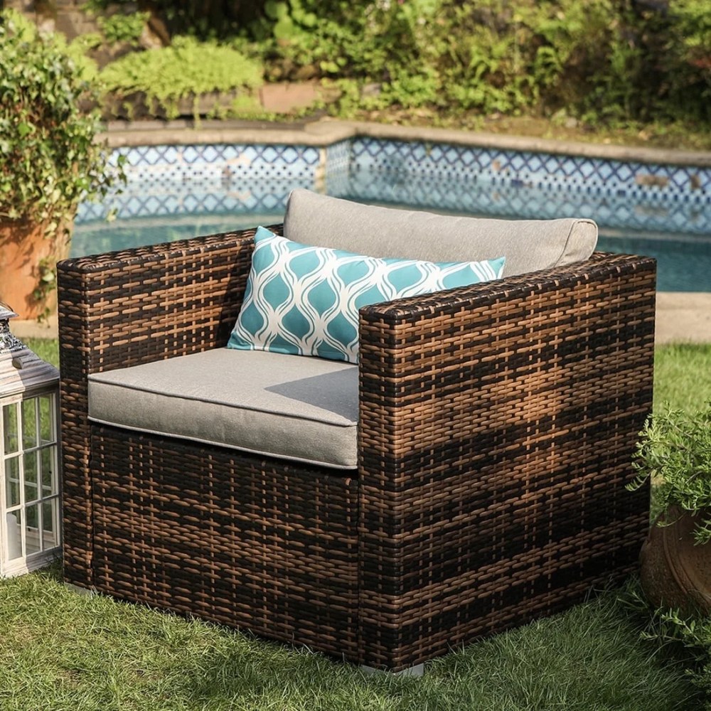 VENTOPYR Outdoor Furniture Brown Wicker Single Chair W Cushions, Pillow