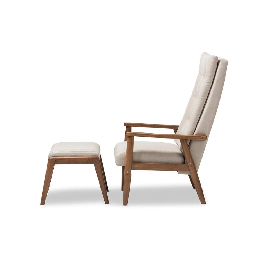 Baxton Studio Roxy Mid-Century Modern Walnut Wood Finishing and Light Beige Upholstered Button-Tufted High-Back Lounge - Image 7