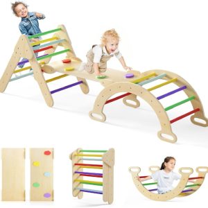 OLAKIDS Climbing Triangle Set, 5 in 1 Kids Wooden Montessori Climber Toy with Ramp Ladder Arch Slide for Gym Playground, Indoor Outdoor Climb Activity Jungle Play Structure for Toddlers 1-3
