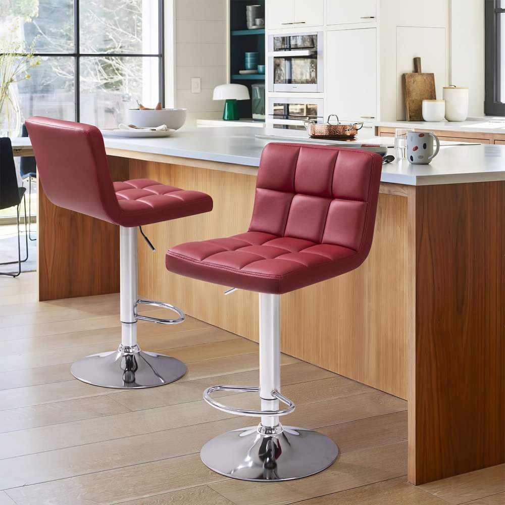 Vineego Modern Square PU Leather Swivel Adjustable Bar Stool,Set of 2,Bar Stool for Kitchen Counter, Red