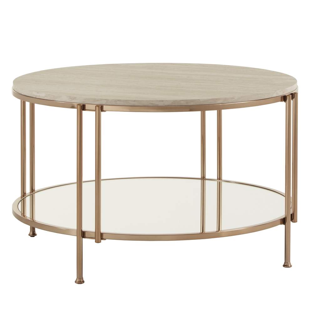 Weston Home Shaelyn Round Gold Cocktail Table with Faux Marble Top and Mirror Shelf