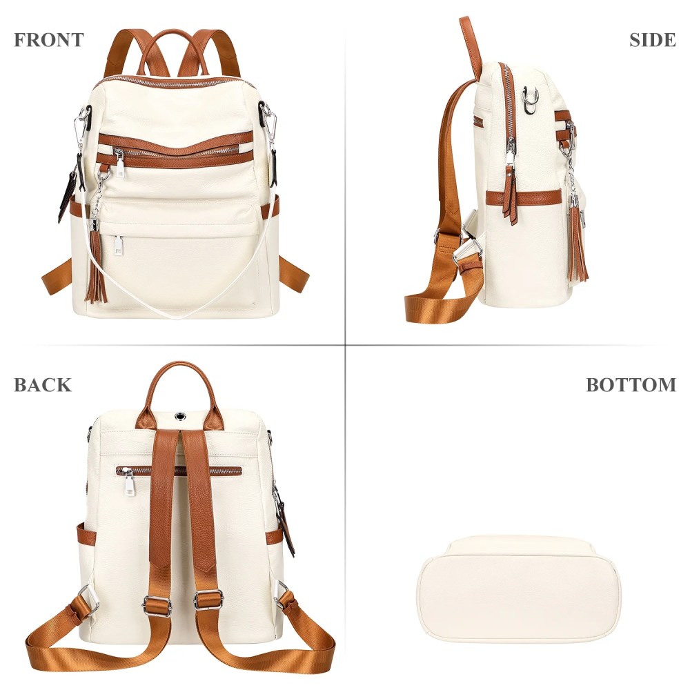 ALTOSY Genuine Leather Backpack Purse Elegant Convertible Shoulder Bag for Women S108 Beige/Brown - Image 3