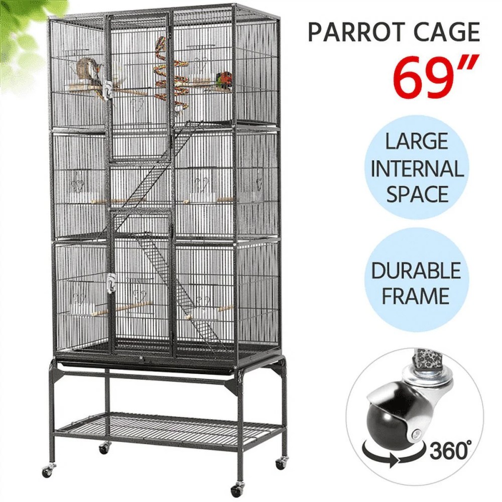Easyfashion 69" H Extra Large Rolling Bird Cage with Detachable Stand,  Black