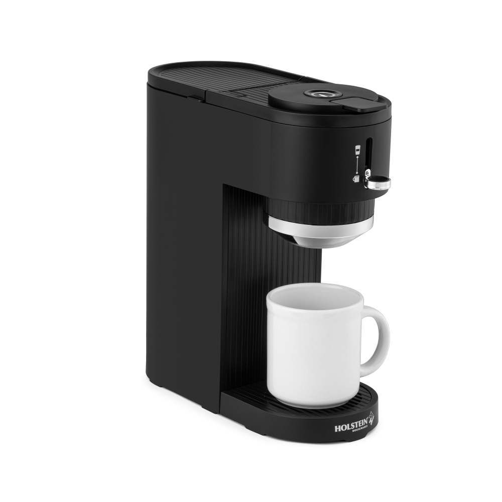Holstein Housewares 2-In-1 Single Serve Pod and Ground Coffee Maker,Compact Dual Brew Machine with Reusable Mesh Filter,Fits Small Cups and Large Mugs,Space-Saving Design,14 oz Water Tank