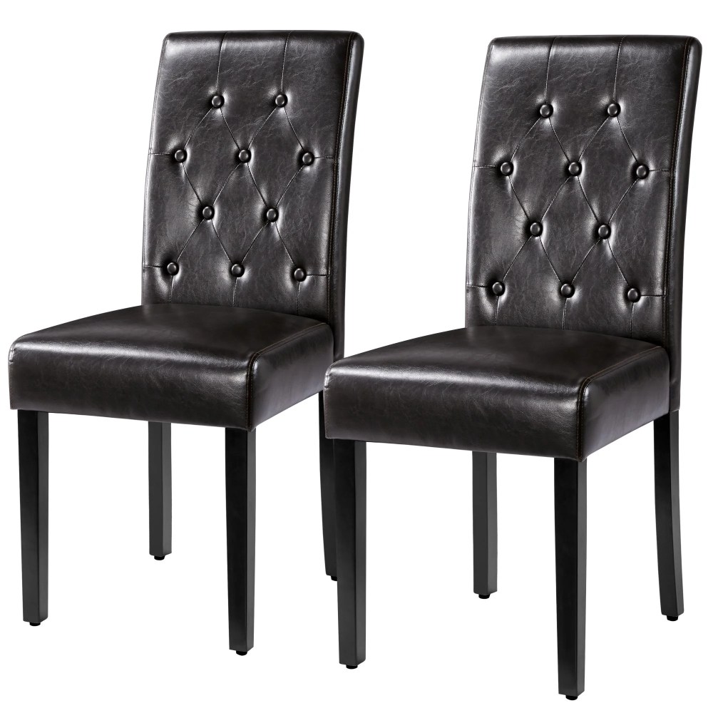 Alden Design Tufted Upholstered Parson Faux Leather Dining Chair with Solid Wood Legs,Set of 2,Brown