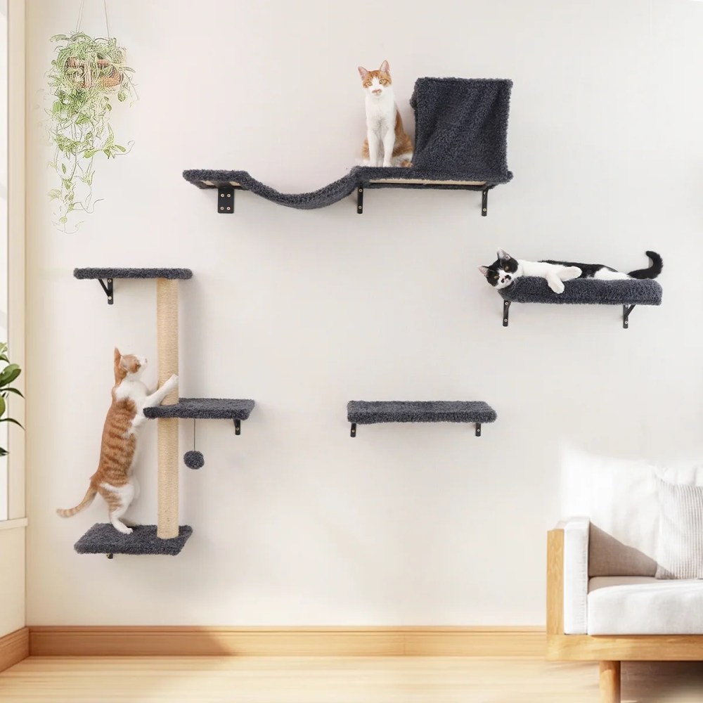 FUKUMARU Cat Wall Shelves Set,  4 in 1 Wooden Climbing Wall Furniture,  Grey