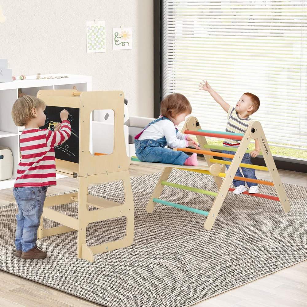 OLAKIDS Climbing Toys for Toddlers, 8 in 1 Foldable Wood Pikler Montessori Jungle Gym with Toddler Tower Angle Adjustable Ladder Ramp Slide, Indoor Kids Playground Climber Triangle Set (Colorful) - Image 5