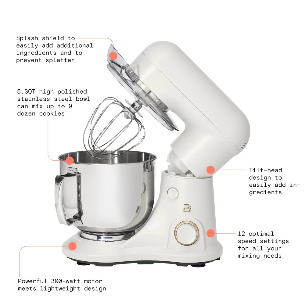 Beautiful 5.3 Qt Stand Mixer,White Icing with Flat Beater,Dough Hook,Balloon Whisk - Image 13