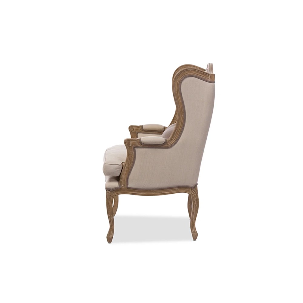 Baxton Studio Oreille French Provincial Style White Wash Distressed Two-tone Beige Upholstered Armchair - Image 3