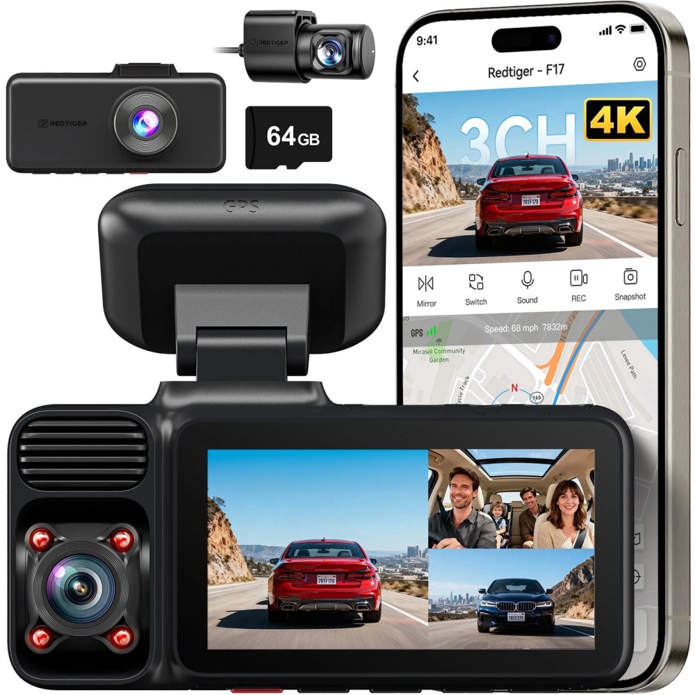REDTIGER 4K 3 Channel Dash Cam Front and Rear, Dash Camera with 5G WiFi, Front Inside and Rear Triple Car Camera with 64GB Card, GPS, IR Night Vision, 24H Parking Mode, G Sensor