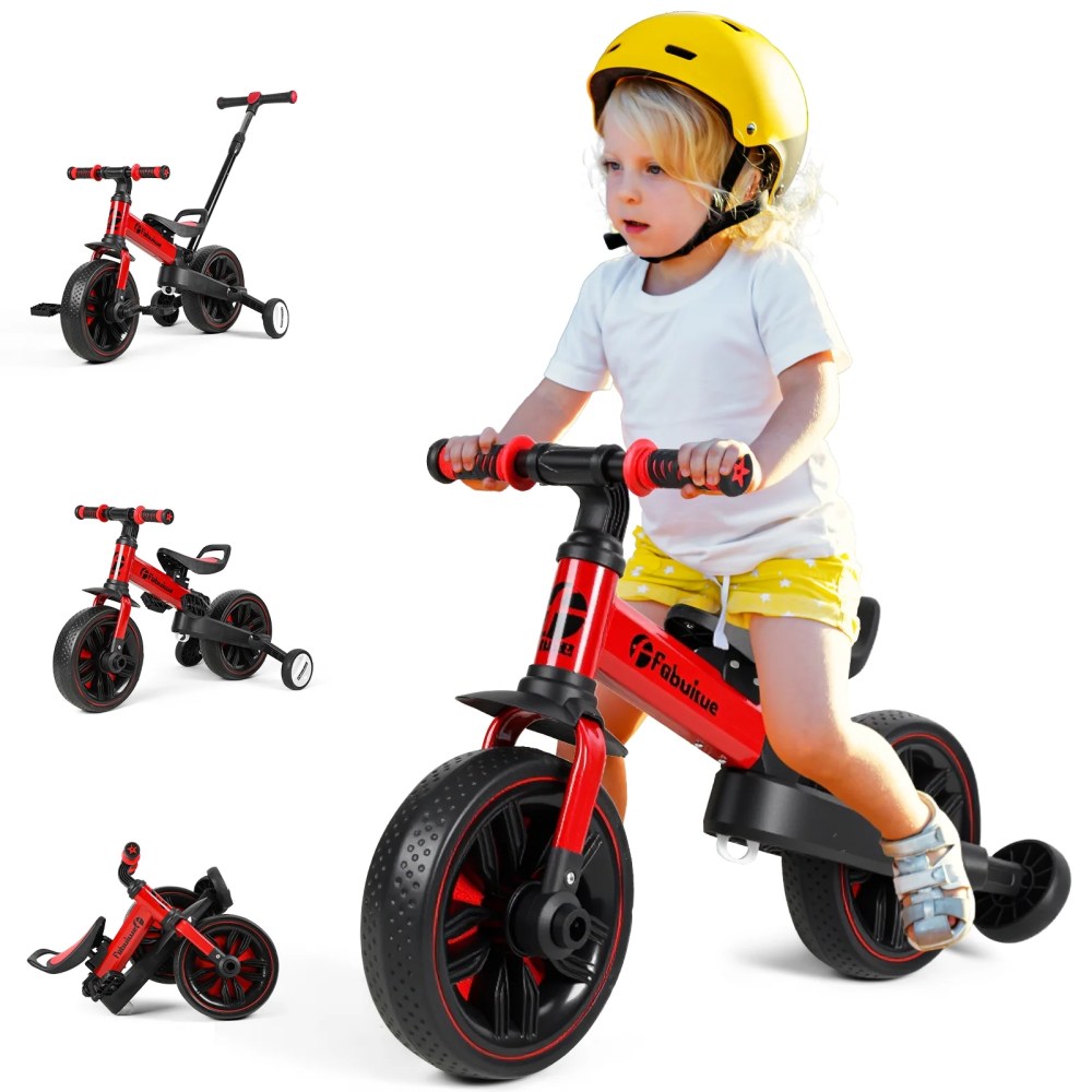 Jnismy 6 in 1 Baby Balance Bike No Pedal Toddler Balance Bicycle for Kids 2-5 Years Old with Push Handle, Training Wheels and Pedals (Red)