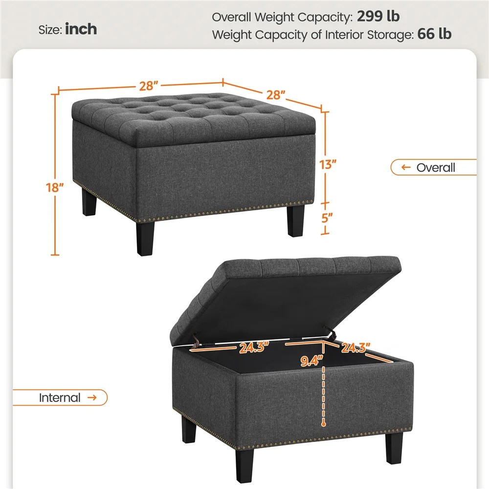 Alden Design Modern Linen-like Storage Ottoman Bench with Button-Tufted for Entryway,Dark Gray - Image 2