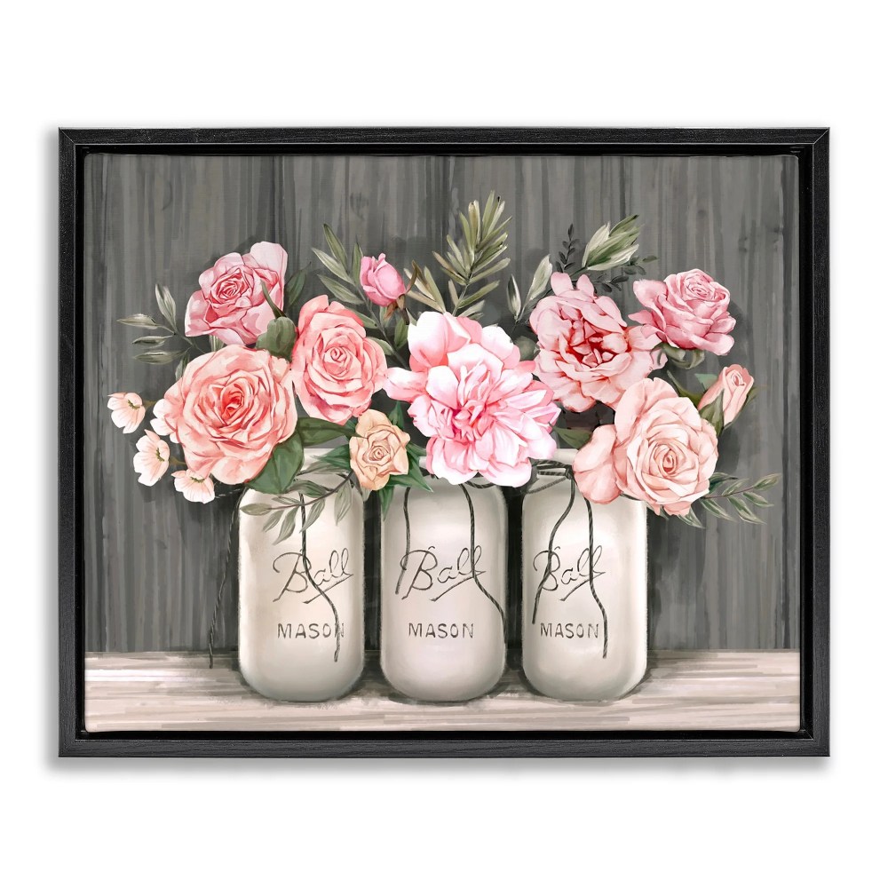 Stupell Industries Blossoming Pink Rose Bouquets Rustic Country Jars Jet Black Framed Floating Canvas Wall Art, 1620, by Ziwei Li