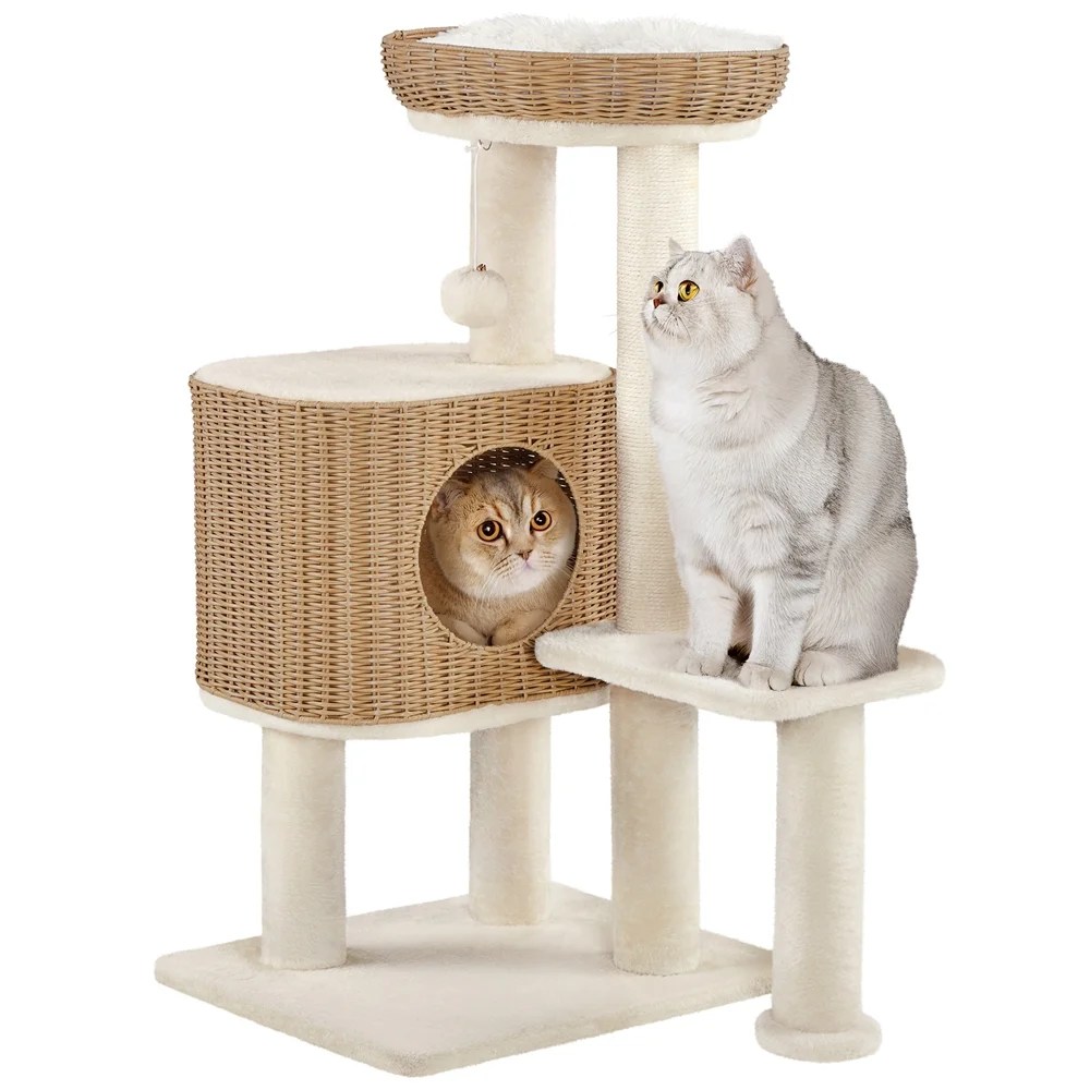 Yaheetech 35.8" Tall Rattan Cat Tree with Woven Condo and Nest, Beige