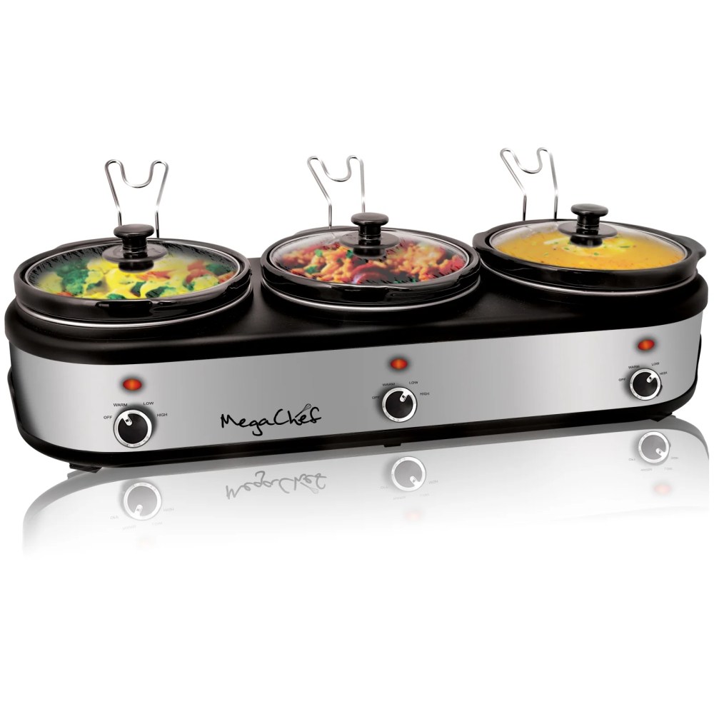 MegaChef Triple 2.5 Quart Slow Cooker and Buffet Server in Brushed Silver and Black Finish with 3 Ceramic Cooking Pots and Removable Lid Rests - Image 3